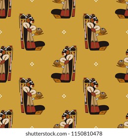Seamless geometrical pattern with silhouettes of ancient Mayan sitting character and abstract dots. Based on ancient Maya art of Mexican or Guatemalan Indians.