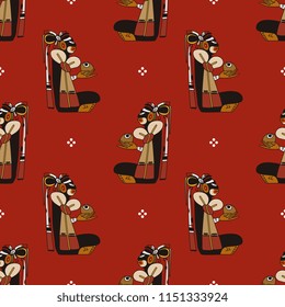 Seamless geometrical pattern with silhouettes of ancient Mayan sitting character and abstract dots. Based on ancient Maya art of Mexican or Guatemalan Indians.