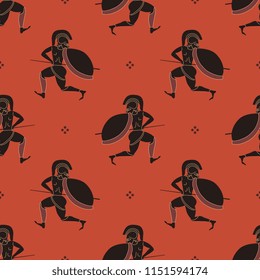 Seamless geometrical pattern with silhouettes of ancient Greek warriors and abstract polka dots.