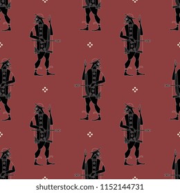 Seamless geometrical pattern with silhouettes of ancient Greek god Hermes. Based on antique vase painting motif.