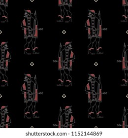 Seamless geometrical pattern with silhouettes of ancient Greek god Hermes. Based on antique vase painting motif.