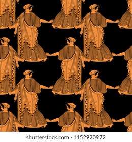 Seamless geometrical pattern with silhouettes of ancient Greek woman. Vase painting style.