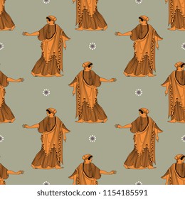 Seamless geometrical pattern with silhouettes of ancient Greek woman and floral polka dots.