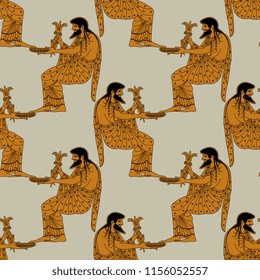 Seamless geometrical pattern with silhouettes of ancient Greek god Zeus. Based on vase painting motif.