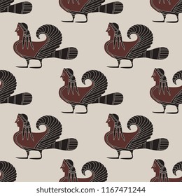 Seamless geometrical pattern with silhouettes of ancient Greek sirens. Fantastic mythological creature. Half bird half woman. Based on vase painting motif.