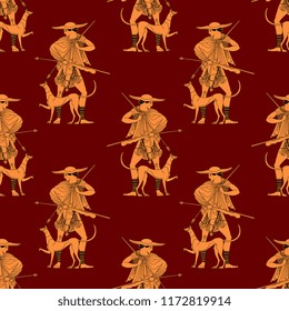 Seamless geometrical pattern with silhouettes of ancient Greek hunter with a dog. Based on vase painting motif. 