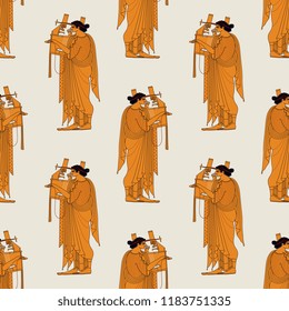 Seamless geometrical pattern with silhouettes of ancient Greek god Apollo playing the lyre. Based on antique vase painting motif. 