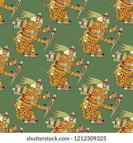 Seamless geometrical pattern with silhouettes of ancient Mexican Aztec jaguar monster Tepeyollotl or Tepeyollotli. 