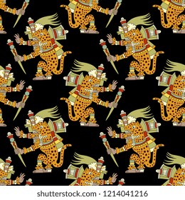 Seamless geometrical pattern with silhouettes of ancient Mexican Aztec jaguar monster Tepeyollotl or Tepeyollotli. 