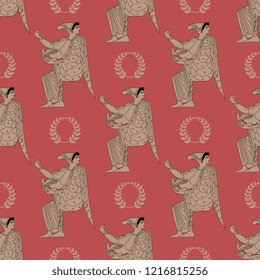 Seamless geometrical pattern with silhouettes of ancient Greek goddess holding a bird and laurel wreaths. Based on vase painting motif.