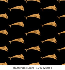 Seamless geometrical pattern with silhouettes of ancient Greek dolphins. Antique vase painting style.