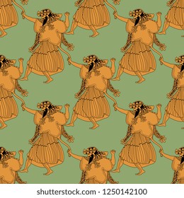 Seamless geometrical pattern with silhouettes of ancient Greek god Dionysus. Vase painting motif.