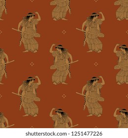 Seamless geometrical pattern with silhouettes of ancient Greek maenads. Vase painting motif.