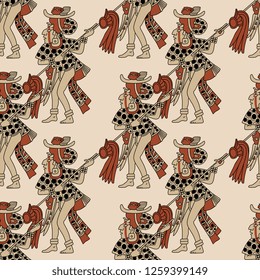 Seamless geometrical pattern with silhouettes of ancient Mayan warriors. Cartoon style.