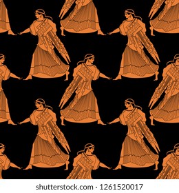 Seamless geometrical pattern with silhouettes of ancient Greek woman. Vase painting vintage style.