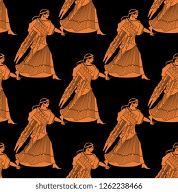 Seamless geometrical pattern with silhouettes of ancient Greek woman. Vase painting vintage style.