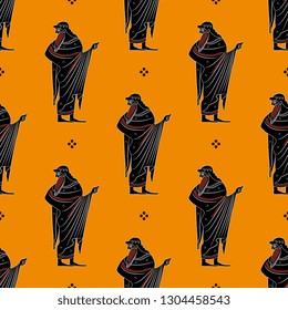 Seamless geometrical pattern with silhouettes of ancient Greek man. Vase painting motif.