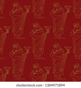 Seamless geometrical pattern with silhouettes of ancient Greek god of wine Dionysus. Hand drawn linear sketch.
