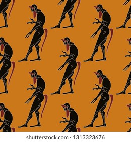 Seamless geometrical pattern with silhouettes of ancient Greek satyrs. Vase painting motif. Cartoon style.