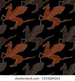 Seamless geometrical pattern with silhouettes of ancient Greek winged horse Pegasus.