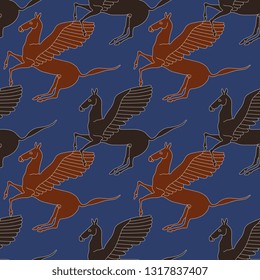Seamless geometrical pattern with silhouettes of ancient Greek winged horse Pegasus.