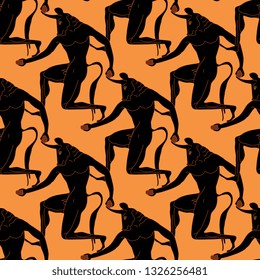 Seamless geometrical pattern with silhouettes of ancient Greek bull man Minotaur.
