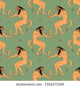Seamless geometrical pattern with silhouettes of ancient Greek satyrs.