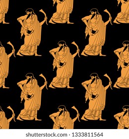 Seamless geometrical pattern with silhouettes of ancient Greek god Dionysus holding rhyton of wine. Vase painting style.