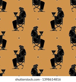 Seamless geometrical pattern with silhouettes of ancient Greek god Dionysus. Vase painting ethic style.
