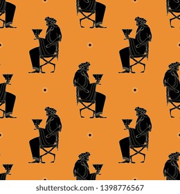 Seamless geometrical pattern with silhouettes of ancient Greek god Dionysus. Vase painting ethic style.