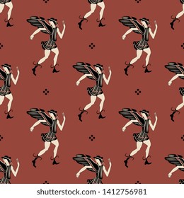 Seamless geometrical pattern with silhouettes of ancient Greek god Hermes.