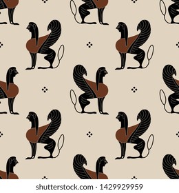 Seamless geometrical pattern with silhouettes of ancient Greek sphinx. Vase painting motif.