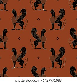 Seamless geometrical pattern with silhouettes of ancient Greek sphinx. Vase painting motif.