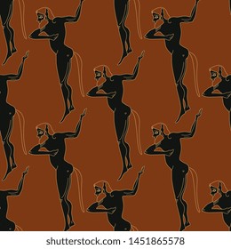 Seamless geometrical pattern with silhouettes of ancient Greek satyrs. Vase painting style.