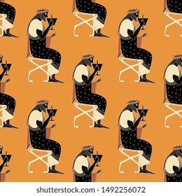 Seamless geometrical pattern with silhouettes of ancient Greek god Dionysus drinking wine. Vase painting style.