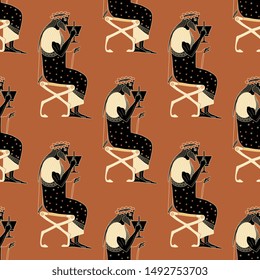 Seamless geometrical pattern with silhouettes of ancient Greek god Dionysus drinking wine. Vase painting style.