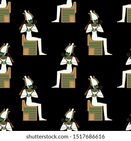 Seamless geometrical pattern with silhouettes of ancient Egyptian god Osiris sitting on throne.