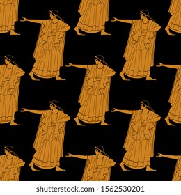 Seamless geometrical pattern with silhouettes of ancient Greek women. Vase painting style.
