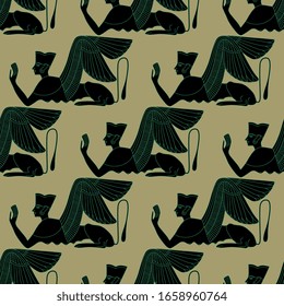 Seamless geometrical pattern with silhouettes of ancient Egyptian winged sphinxes.