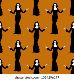 Seamless geometrical pattern with silhouettes of beautiful goth girl. Halloween style.