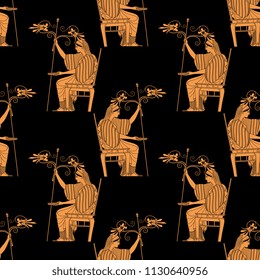 Seamless geometrical pattern with silhouettes of beautiful ancient Greek woman or goddess. Based on vase painting motif. Cartoon style.