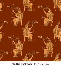 Seamless geometrical pattern with silhouettes of beautiful ancient Greek woman or goddess. Based on vase painting motif. Cartoon style.