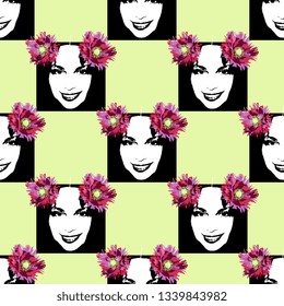 Seamless geometrical pattern with silhouettes of beautiful smiling female faces and poppy flowers.