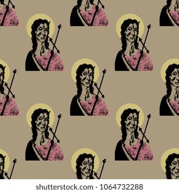 Seamless geometrical pattern with silhouettes of Christian saint St. John the Baptist with nimbus. Hand drawn sketch.