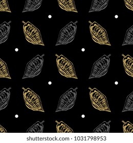 Seamless geometrical pattern with silhouettes of cocoa bean pods and polka dots. Based on hand drawn linear ink sketch.