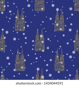 Seamless geometrical pattern with silhouettes of Cologne Cathedral (Kölner Dom) and snowflakes. Hand drawn sketch.