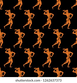 Seamless geometrical pattern with silhouettes of dancing ancient Greek girl. Cartoon style.