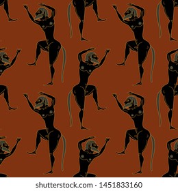 Seamless geometrical pattern with silhouettes of dancing ancient Greek satyrs. Vase painting style.