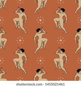 Seamless geometrical pattern with silhouettes of dancing Etruscan girls and abstract floral polka dots.