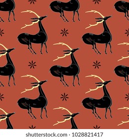 Seamless geometrical pattern with silhouettes of deer or gazelle with golden antlers. Ethnic folk style. Based on ancient Greek motif.